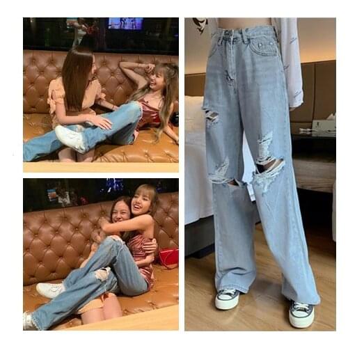 Kpop Korean Celebrity same new Fashion broken holes slim high waist jeans women summer streetwear loose wild Wide leg jeans