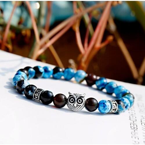 Ethnic Genuine Stone Beaded Bracelet Men Homme Charm Tibetan Bileklik Silver Color Owl Alloy Yoga Prayer Bracelet Women