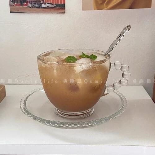 Coffee Cup Dish Ins Style French Romantic Glass Breakfast Cup Milk Juice Cup Simple Drink With Unique Round Bead Handle Cup