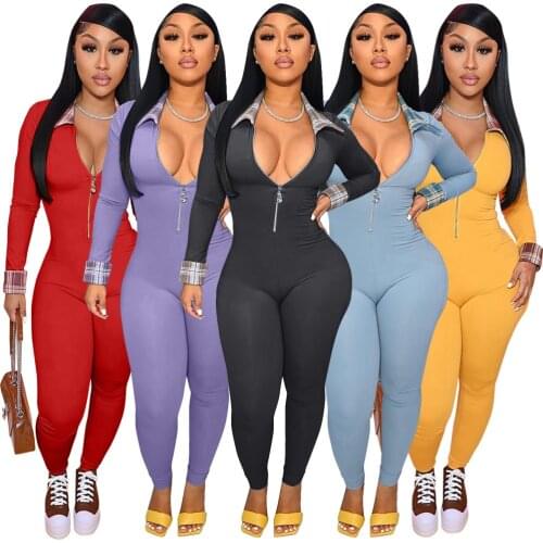 Echoine Turn Down Collar Long Sleeve Plaid Print Patchwork Zipper Jumpsuit Skinny Bodycon Sexy Rompers Autumn Party Outfits