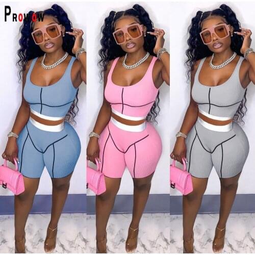 Prowow Women Clothing Set Summer Casual Screw Thread Joggers Outfits Corset Tops Shorts Two Piece Matching Fitness Bodycon Suits