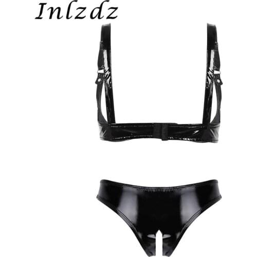 Womens Latex Erotic Lingerie Set Wet Look Leather Open Cup Hot Bra Top with Open Crotch High Cut Mini Briefs Sexy Underwear Set