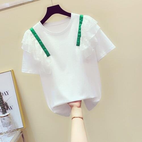 Lace patchwork ruffles women t-shirts 2020 summer new casual all match lady elegant loose white tops tees top quality