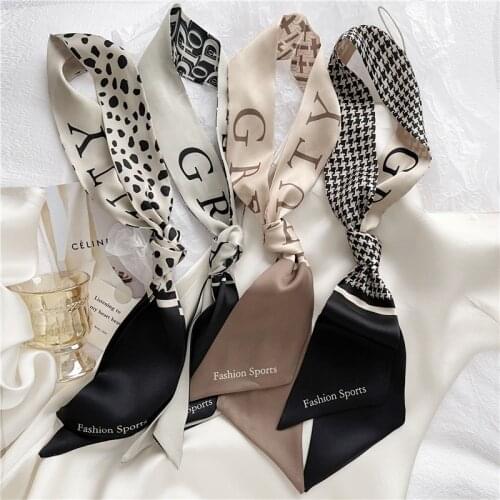 Luna&Dolphin Women Long Silk Feeling Scarf 150x6cm Chiffon Leopard Striped Houndstooth Printed Bag Ribbon Headbands Suit Choker