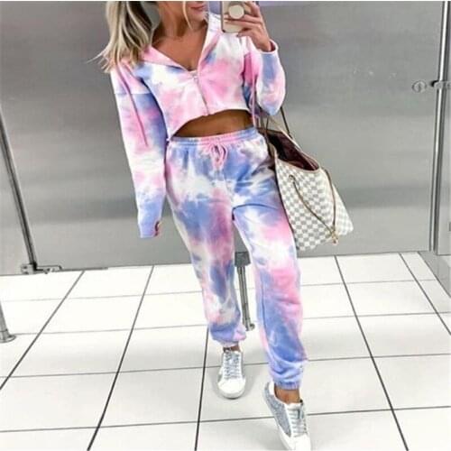 New Womens Long-sleeved Trousers Suit Tie-dye Gym Home High Waist Zipper Top and Elastic Colorful Pants Fitness Sports 2020