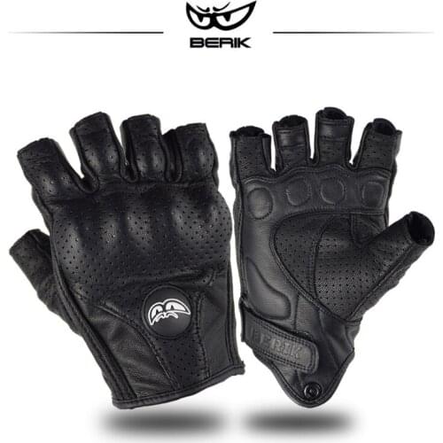 BERIK Vintage Leather Motorcycle Racing Glove Half Finger Breathable Motocross MTB Biker Gloves Fingerless Rider Glove Men