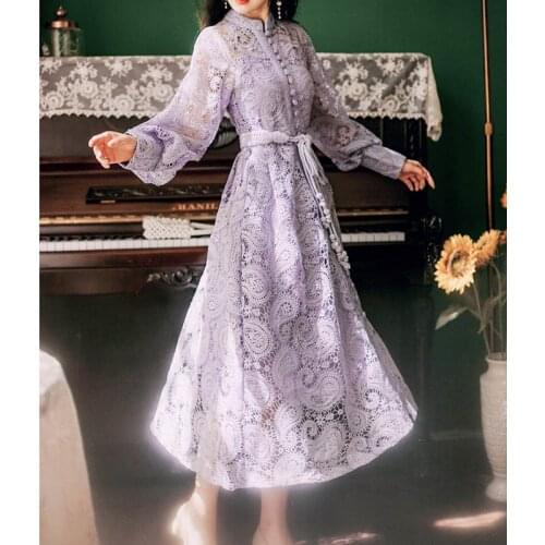 Dress Women Lace Boho High Waist Lantern Sleeve Embroidery Vestidos Hollow Out A-line Party Spring Elegant Lady Vestido