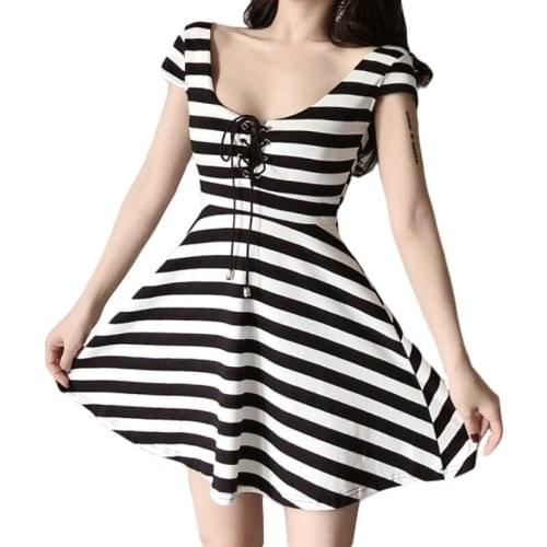 2019 Summer New Striped Dress Scoop Neck Shirt Sleeve Slim Short Dress Lace-up Sexy Party Dress Nightclub Black Dress Vestidos