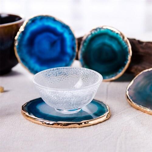 2pcs/set Agate Slice Blue Agate Coaster Teacup Storage Tray Home Decor Gemstone Gold Edges Drink Cup Coasters Kitchen Tools