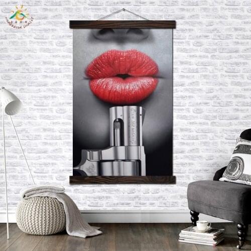 Sexy Lip with Gun Paint Art Modern Wall Art Print Pop Art Picture And Poster Solid Wood Hanging Scroll Canvas Painting Pictures