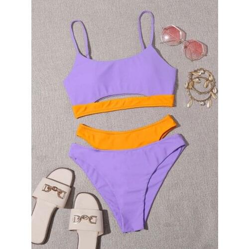 Sexy Swimwear Women Solid Purple Patchwork Cut Out Bikini Halter Push Up Bather Ribbed Bathing Suit Swimsuit Stroj Kapielowy