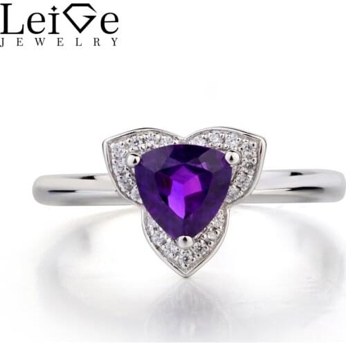 Leige Jewelry Natural Amethyst Ring Engagement Rings Trillion Cut 925 Sterling Silver Purple Gemstone Ring February Birthstone