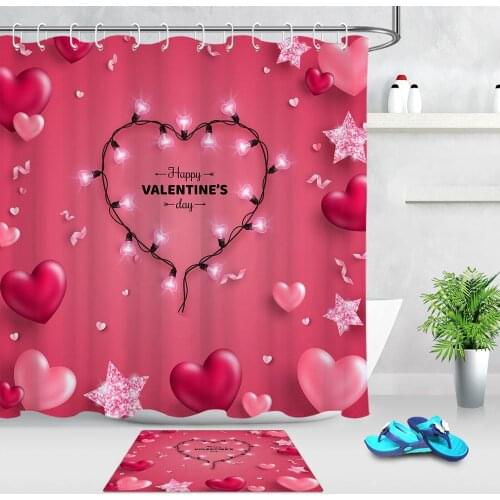 Happy Valentines Day Red Shower Curtain Star Heart Waterproof Polyester Fabric Shape Shower Curtain For Bathroom Bath Mats Rugs