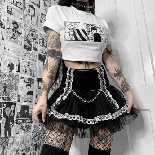 Gothic White Purple Skirt Women Harajuku Sexy High Waist Lace Mini Skirts Patchwork Punk Chain Skirts Streetwear