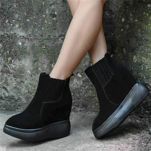 Winter Warm Creepers Women Slip On Genuine Leather Wedges High Heel Ankle Boots Female Pointed Toe Fashion Sneakers Casual Shoes