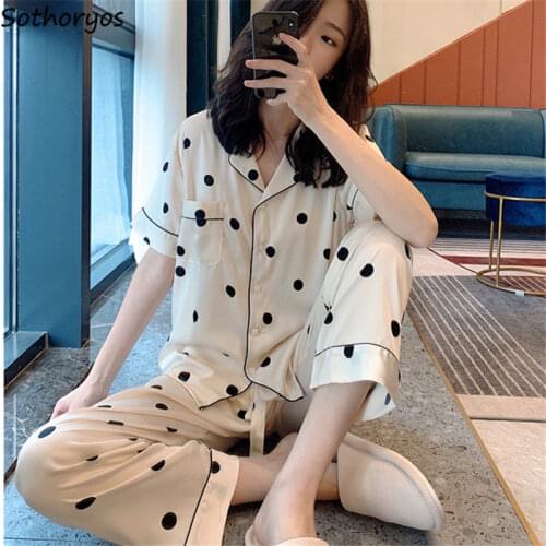 Women Polka Dot Pajama Sets Short Sleeve Tops Ankle Length Pants White Fresh Slender Cozy Teenager Nightwear Lounge High Quality
