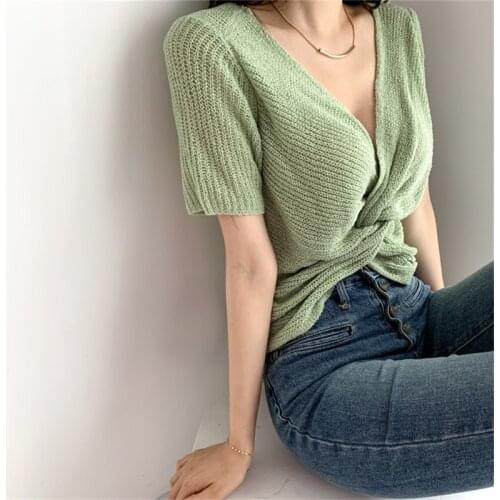 Solid Green Summer Tops Women 2021 V-neck Two-wear Loose Thin Ice Silk Short-sleeved Sweater T-shirt