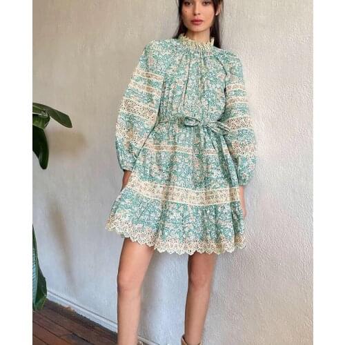 2021 Summer Womens Lace Ruffles Collar Lantern Long Sleeve Waist Calico Textiles Embroidery Floral Print Dress