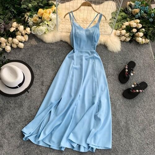 2021 Ladies Sexy V Neck Spaghetti Strap Dresses Summer Backless Split Slim Long Dress Women Casual Beach Holiday Vestidos