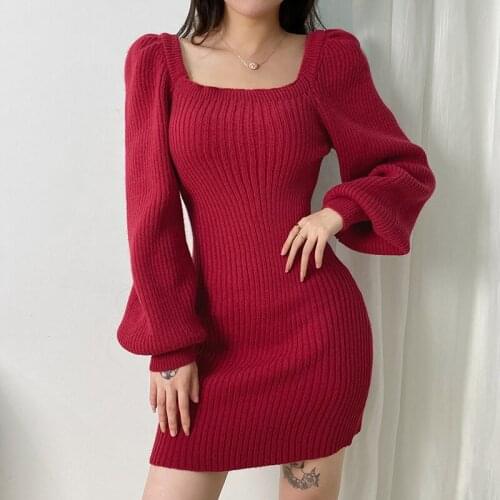 Womens Casual Knitted Sweater Dress Solid Color Long Puff Sleeve Square Collar Bodycon Mini Dress Autumn Knitwear Streetwear