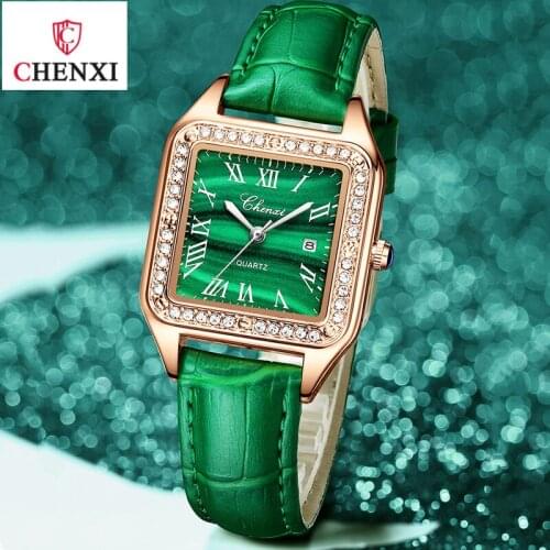 2020 Fashion Retro Green Rhinestone Small Cube Luxury Watch Women Hardlex Water Resistant Leather Buckle Quartz Wrist Watch