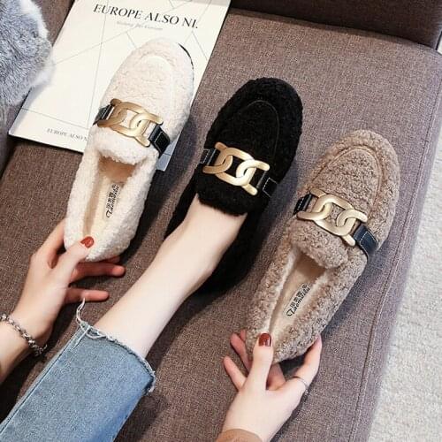 2021 Women Fur Flats Winter Brand Metal Chains Shoes Lambswool Loafers Ladies Plush Cashmere Moccasins Woman Cotton Fur Shoes