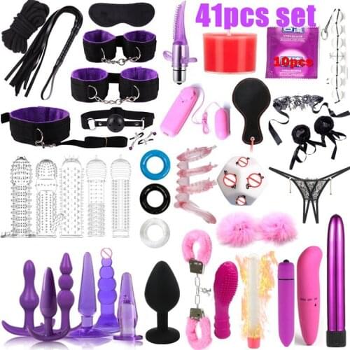 41pcs set Adult Sex Toys Plush Handcuffs Strap Whip Rope Sexy Bed Restraints Bandage Couples Sex Toys Sexual Toy Adult Kits