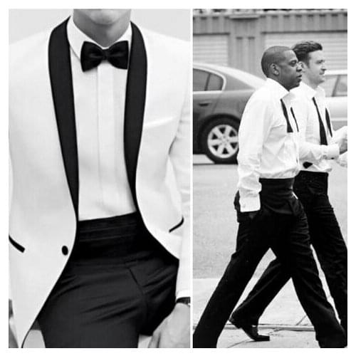 White Tuxedo Jacket Black Lapel Custom Made,white jacket + black pants + tie, White Wedding/Business/Formal Suits For Men