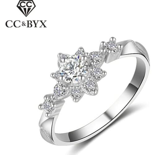 CC S925 Silver Rings For Women Classic Elegant Bridal Wedding Jewelry Engagement Ring Flower Shape Parure Bijoux Femme CC813b