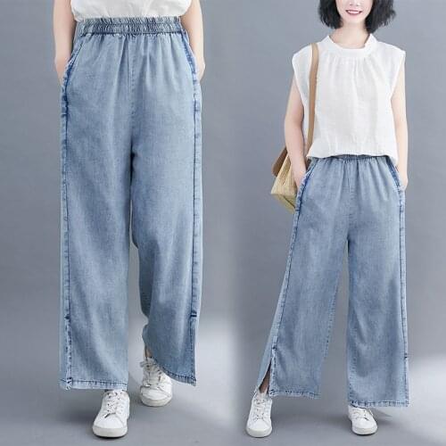 Denim Wide-Leg Pants Womens Summer New Fashion Thin Casual Cropped Trousers Loose Look Thin Tencel Jeans