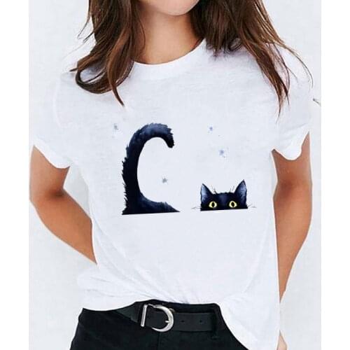 Graphic T-shirts for Women Cartoon Cat Watercolor Fashion Animal Clothing Fashion Ladies Print Lady Womens Female Tee T T-Shirt