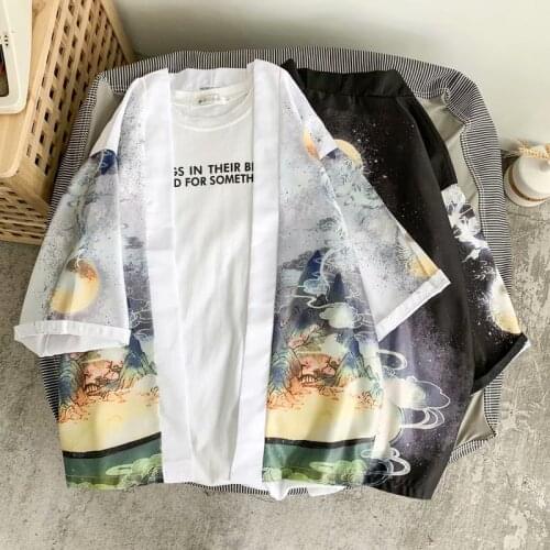 BXyichen original Chinese style Japanese retro dragon robe 3/4 sleeve open kimono couple casual cloak jacket