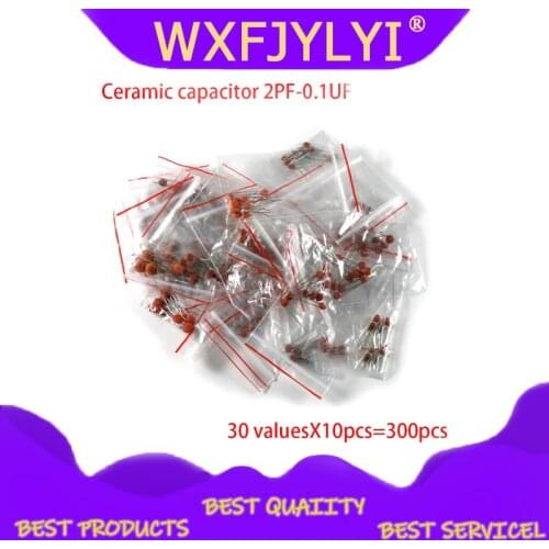 30 valuesX10pcs=300pcs Ceramic capacitor 2PF-0.1UF 2PF 3PF 680PF 1NF 1.5NF 68NF 100NF 0.1UF ETC component diy samples kit