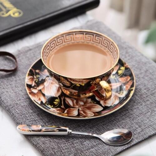 Creative Coffee Cup Saucers Black Magnolia European Bone China Tea Set Afternoon Party Drink Home Drinkware Gifts