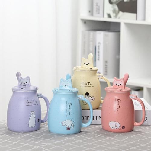 Cute Cat Mug Heat-resistant Creative Cartoon Cup with Lid and Spoon Coffee Ceramic Mugs Children Student Cup Girl Gift