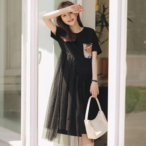 Maternity Clothes Summer Patchwork Short Sleeve Easy Matching Loose Stylish Dress for Pregnant Women Mom Dress