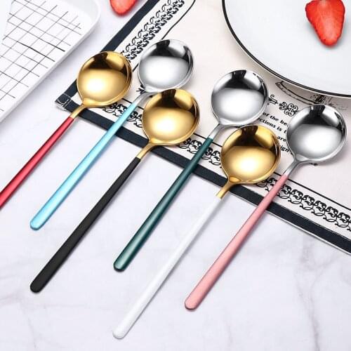 Round Spoon Nordic Style Household 304 Stainless Steel Long Handle Ladle Creative Ice Cream Dessert Bright Finish Scoop Bibimbap