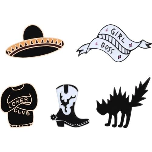 Fashion Black Cat Cowboy Hat Shoes Enamel Pin Girl Boss Brooches Jackets Clothes Collar Lapel Pin Badges Bag Accessories Jewelry