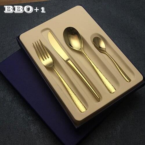 4pcs/set Stainless Steel Golden Dinnerware Wedding Tableware Gift Dinner Sets Hammered Dots Gold Cutlery Fork Knife Spoon Set
