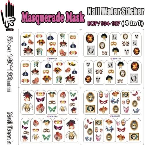 4 Sheets/Lot Nail Decal BOP104-107 Beauty Masquerade Mask Art Wrap Water Sticker for Nail Art Accessories(4 DESIGNS IN 1)