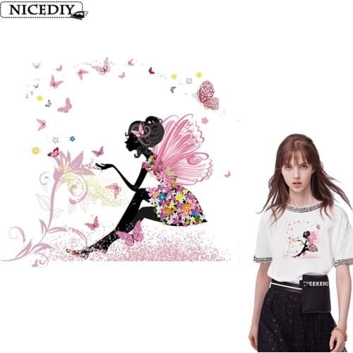 Nicediy Beautiful Butterfly Girl Patch Iron on Heat Transfer On Clothes DIY Thermal Transfer Printed Sticker Accessory Applique