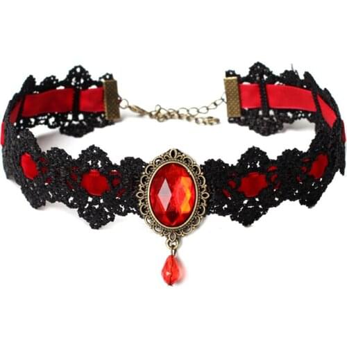 NEW Punk Lace Gothic Choker Necklace Women Vintage Red Black Blue Crystal Necklaces Gothic Collar Choker Bohemia Jewelry
