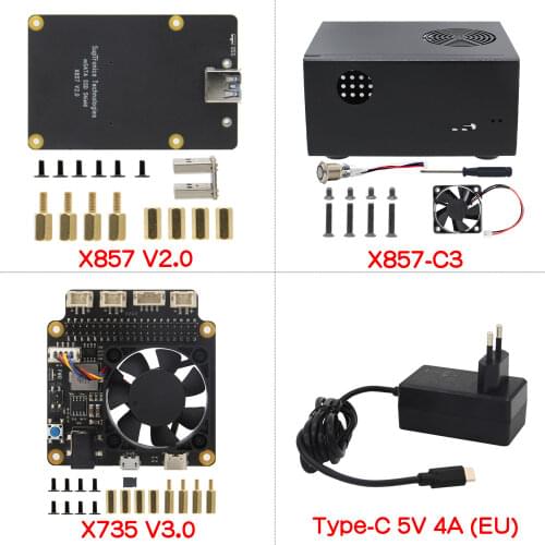 Raspberry Pi 4 Model B mSATA SSD X857 V2.0 Shield + X735 Power Management Board + X857-C3 Matching Metal Case