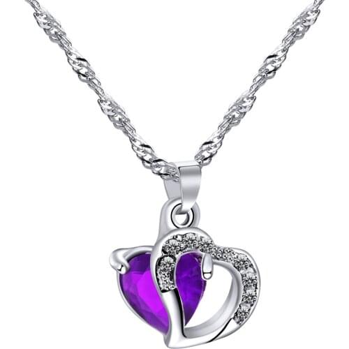 Romantic Colorful Double Love Heart Elegant Long Chain Charms Women Rhinestone Crystal Pendant Necklace Fashion Jewelry Gifts