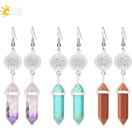 CSJA Reiki Natural Stone Crystal Earrings for Girl Flower of Life Hexagonal Pendants Purple Quartz Turquoise Earring Korean G669