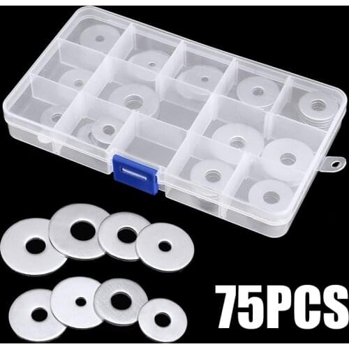 75PCS M4 M5 M6 M8 M10 Washer Stainless Steel Washer Flat Repair Washers Assortment Kit with Case