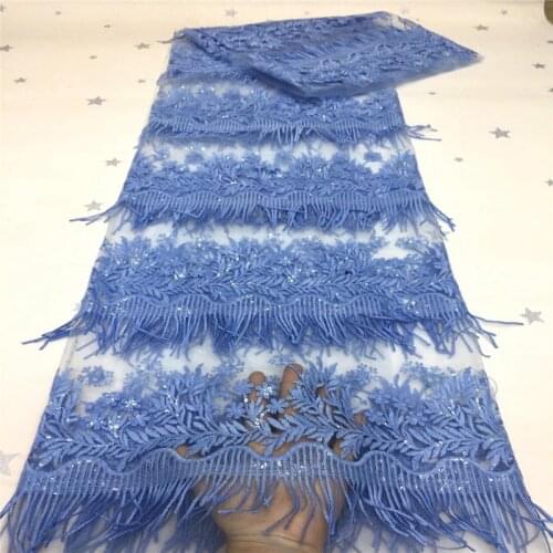 Sky blue French Mesh Tulle Lace Fabric with Sequins Embroidery African Sequins tassel Lace Fabric Nigerian Net Lace Fabric