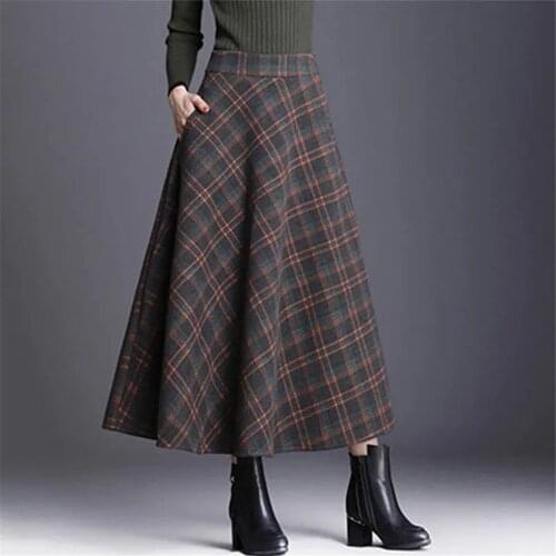 Vintage Plaid High Waist Long Skirts For Women Autumn Winter Elegant Korean Maxi Skirt Mom Big Size 4xl Casual Loose Wool Skirt