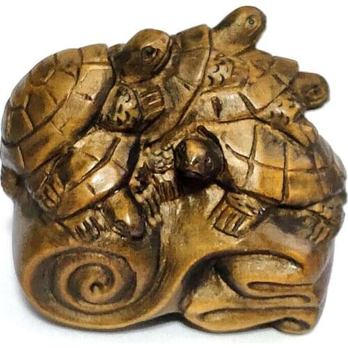 Y7620 - 2" Hand Carved Boxwood Netsuke Figurine Carving - Turtles