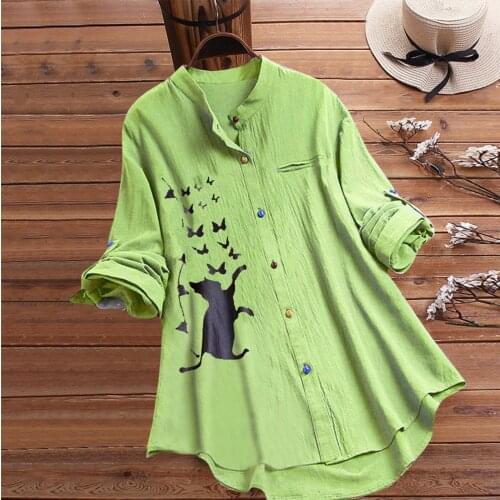 Women Casual Cat Print Long Sleeve Blouse Colorful Button Fashion Loose Casual Women Blouse Top Polera Mujer #G3